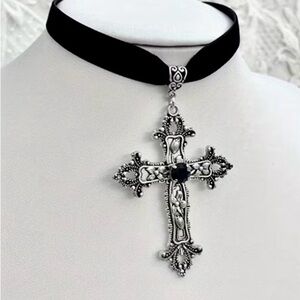 Gothic Cross Choker Necklace Black Velvet Silver Tone Statement Pendant